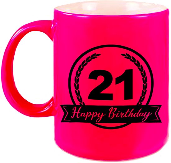 Foto: Happy birthday 21 years cadeau mok beker met wimpel 330 ml neon roze keramiek verjaardag cadeau