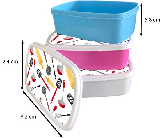 Broodtrommel Blauw - Lunchbox - Brooddoos - Patronen - Keukengerei - Spatel - Deegroller - 18x12x6 cm - Kinderen - Jongen