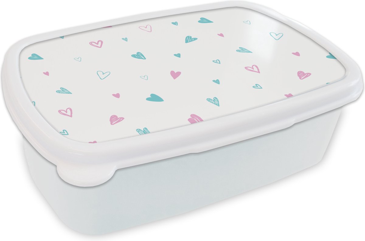 Broodtrommel Wit - Lunchbox - Brooddoos - Hartjes - Patronen - Pastel - 18x12x6 cm - Volwassenen