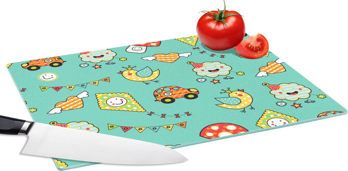 Glazen Snijplank - 39x28 - Patroon - Kinderen - Auto - Vogel - Snijplanken Glas