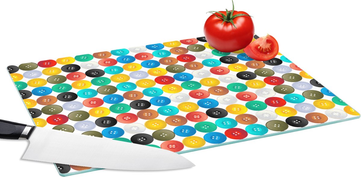 Glazen Snijplank - 39x28 - Knopen - Regenboog - Kleding - Design - Snijplanken Glas