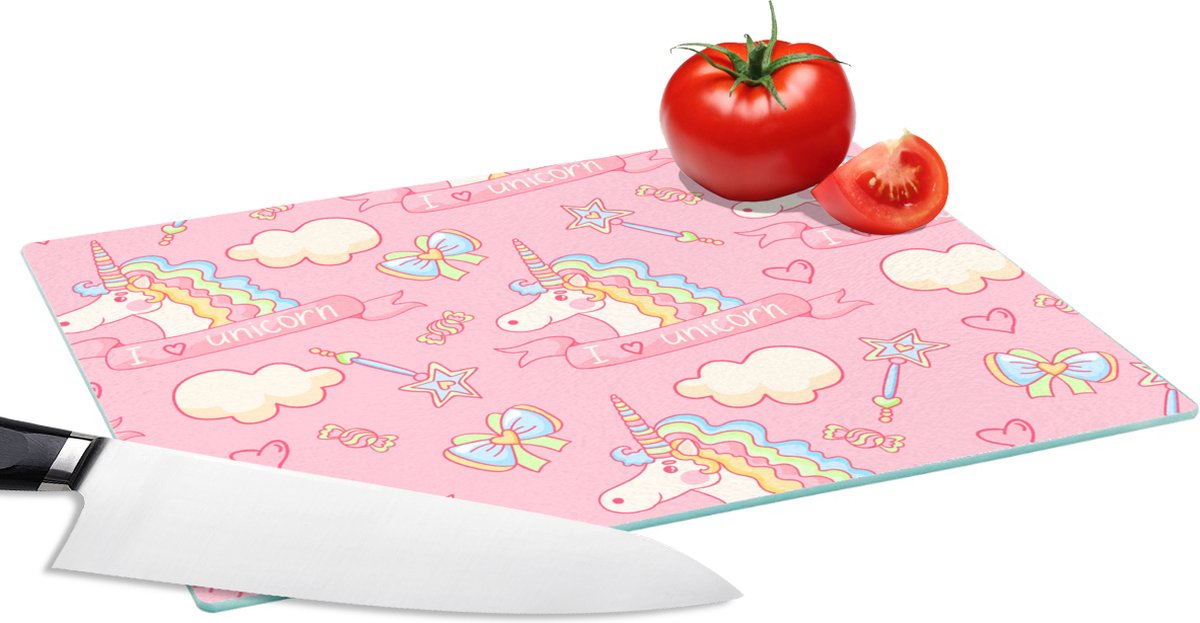 Glazen Snijplank - 28x20 - Unicorn - Roze - Patronen - Kind - Snijplanken Glas