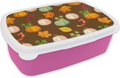 Broodtrommel Roze - Lunchbox - Brooddoos - Herfst - Pompoenen - Patronen - 18x12x6 cm - Kinderen - Meisje