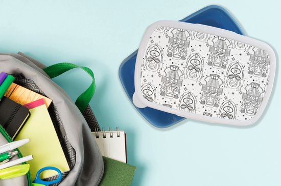 Boîte à lunch Blauw - Boîte à lunch - Boîte à pain - Inca - Rituels - Masques - Motif - 18x12x6 cm - Enfants - Garçon - Cadeau Sinterklaas - Distribution de cadeaux pour enfants - Cadeaux chaussures Sinterklaas