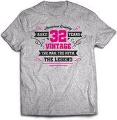 32 Jaar Legend - Feest kado T-Shirt Heren / Dames - Antraciet Grijs / Roze - Perfect Verjaardag Cadeau Shirt - grappige Spreuken, Zinnen en Teksten. Maat M