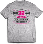 32 Jaar Legend - Feest kado T-Shirt Heren / Dames - Antraciet Grijs / Roze - Perfect Verjaardag Cadeau Shirt - grappige Spreuken, Zinnen en Teksten. Maat XL