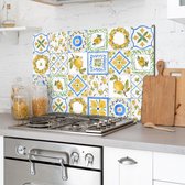 Crearreda – Keuken achterwand – Spatscherm - Kookplaat Paneel Keuken Spatbescherming - Aluminium Metaal – Hand getekende Citroenen en blauwe print textuur - 48 x 72 cm (HxL)