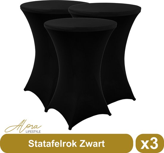 Statafelrok zwart 80 cm - per 3 - partytafel - Alora tafelrok voor statafel - Statafelhoes - Bruiloft - Cocktailparty - Stretch Rok - Set van 3