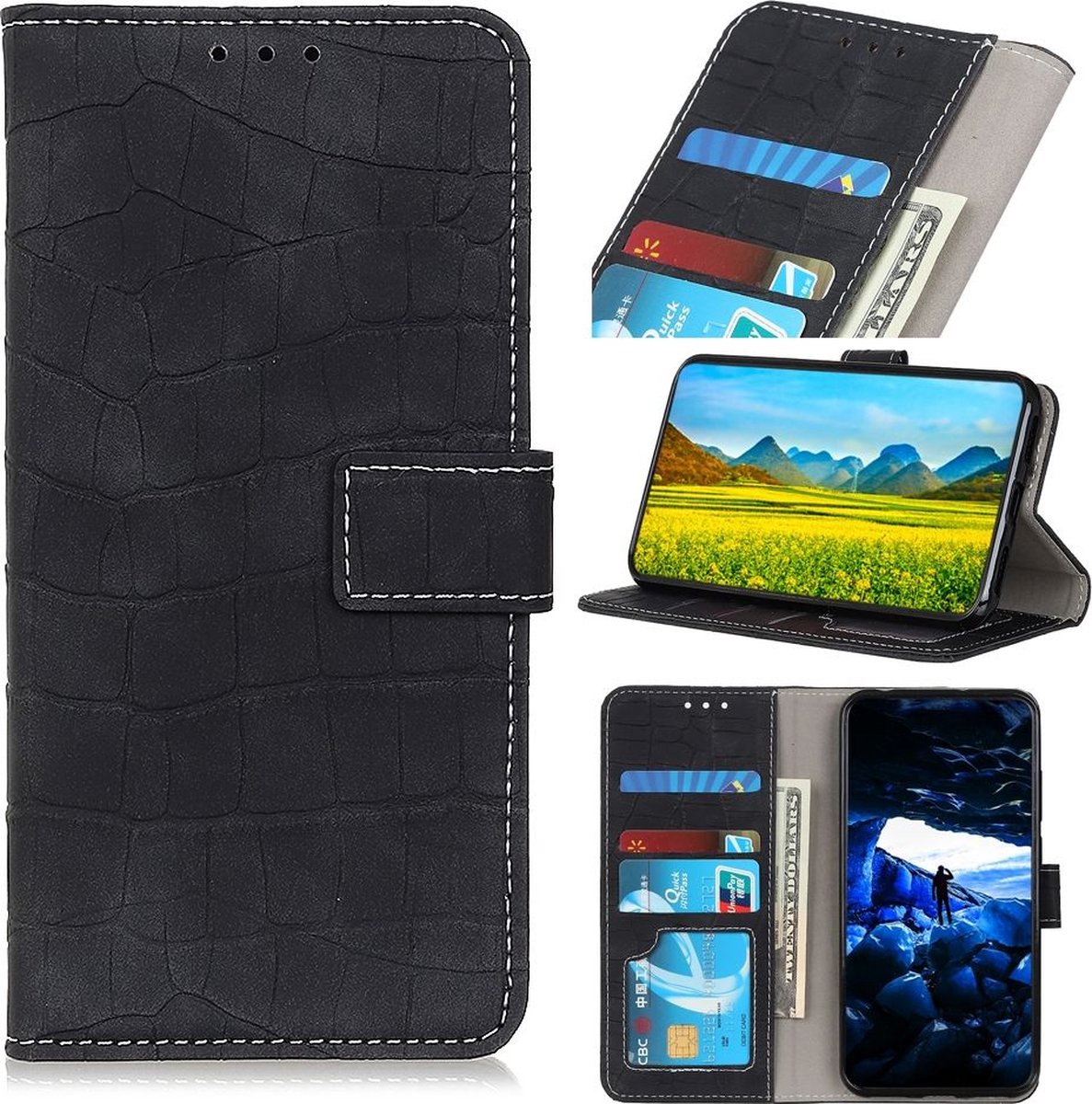 Mobigear Croco Telefoonhoesje geschikt voor Realme Narzo 30 5G‎ Hoesje Bookcase Portemonnee - Zwart