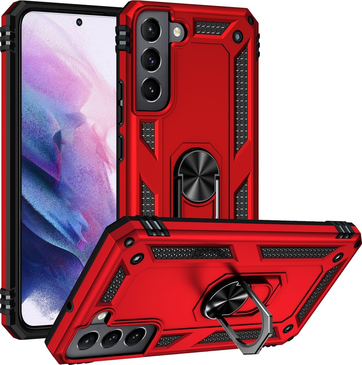 Mobigear Hoesje geschikt voor Samsung Galaxy S22 Telefoonhoesje Hardcase | Mobigear Armor Ring Backcover Shockproof met Ringhouder | Schokbestendig Galaxy S22 Telefoonhoesje | Anti Shock Proof - Rood