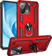 Mobigear Hoesje geschikt voor Xiaomi Mi 11 Lite Telefoonhoesje Hardcase | Mobigear Armor Ring Backcover Shockproof met Ringhouder | Schokbestendig Mi 11 Lite Telefoonhoesje | Anti Shock Proof - Rood