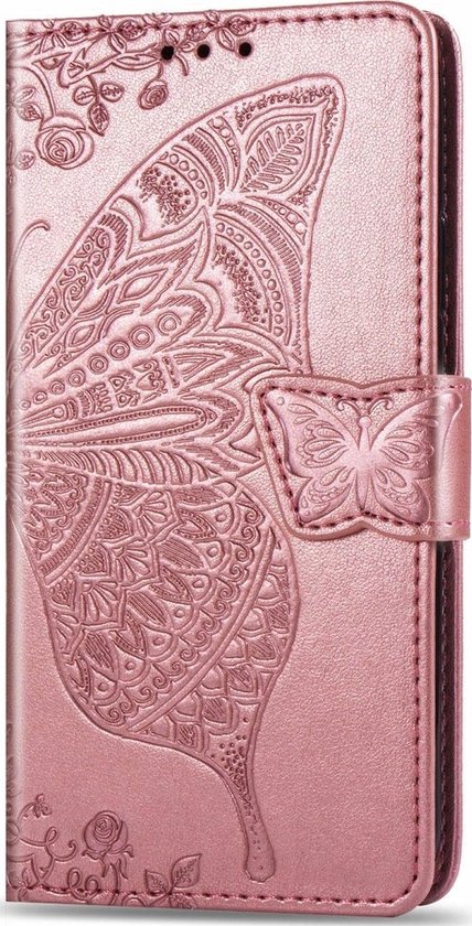 Mobigear Wallet Book Case Butterfly Rose Goud Motorola One Action