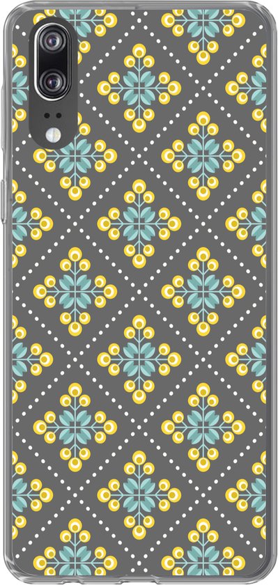 Telefoonhoesje Geschikt voor Huawei P20 hoesje - Design - Ruit - Bloemen - Grijs - Siliconen Telefoonhoesje
