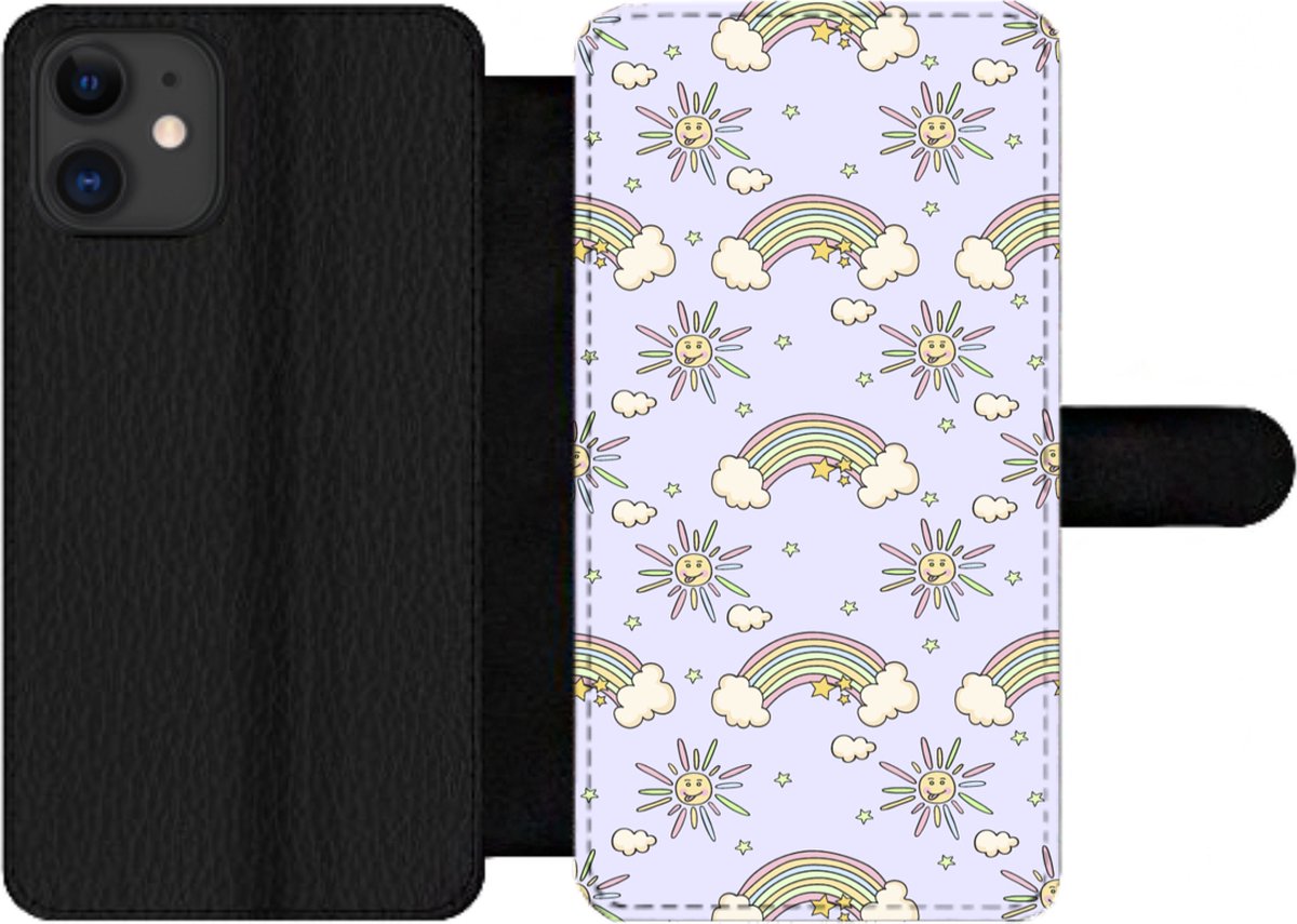 Telefoonhoesje Geschikt voor iPhone 12 Pro Max telefoonhoesje - Meisjes - Regenboog - Zon - Patronen - Girl - Kids - Kinderen - Kind - Met vakjes - Wallet case met magneetsluiting