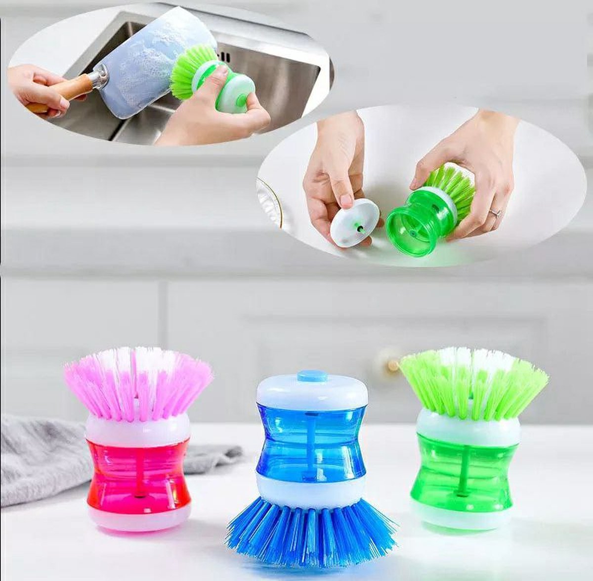 Goedkoopste 3X afwasborstels met reservoir Geel Blauw Roze Afwasmiddeldispenser Set van 3 stuks Spoelborstel Keukenborstel voor schotelpan gootsteenreiniging Afwasborstel met geïntegreerd afwasmiddelreservoir