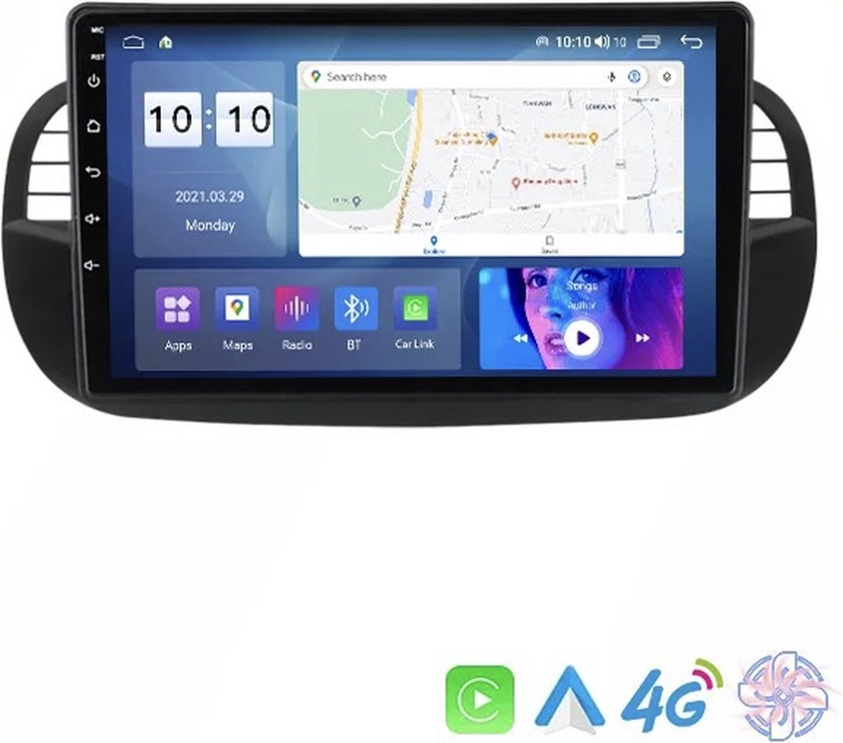 Wireless CarPlay Wired Android Auto 8core Fiat 500 2007-2015 Android 11 Navigatie en Multimediasysteem WiFi Bluetooth USB 2+32GB 4G zwart
