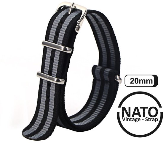 Bracelet Nato 20 mm Zwart Bande Grijs - Vintage James Bond - Collection Nato  Strap -... | bol.com