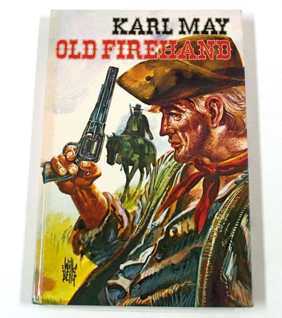 Boekcover met Karl May's "Old Firehand" in rode letters. Een cowboy met hoed en pistool op de voorgrond.