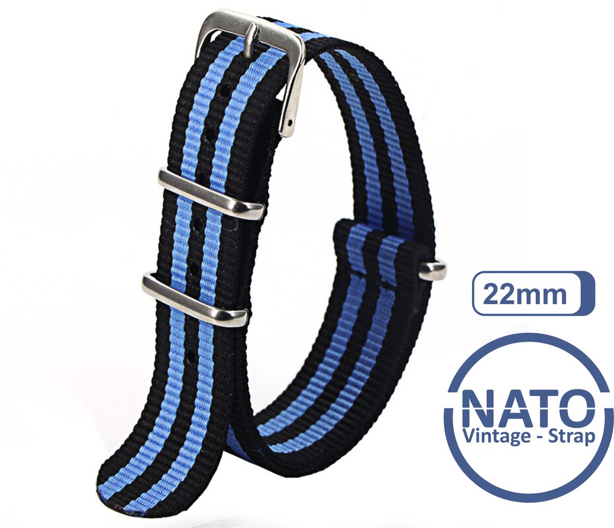 22mm Nato Strap Zwart Blauw streep - Vintage James Bond - Nato Strap collectie - Mannen - Gestreept -- Horlogebanden - 22 mm bandbreedte voor oa. Seiko Rolex Omega Casio en Citizen