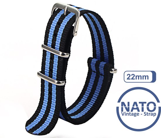 Bracelet Nato 22 mm Zwart Bande Blauw - Vintage James Bond - Collection Nato Strap - Homme - Rayé -- Bracelets de montre - Largeur de bande 22 mm pour par ex. Seiko Rolex Omega Casio et Citizen