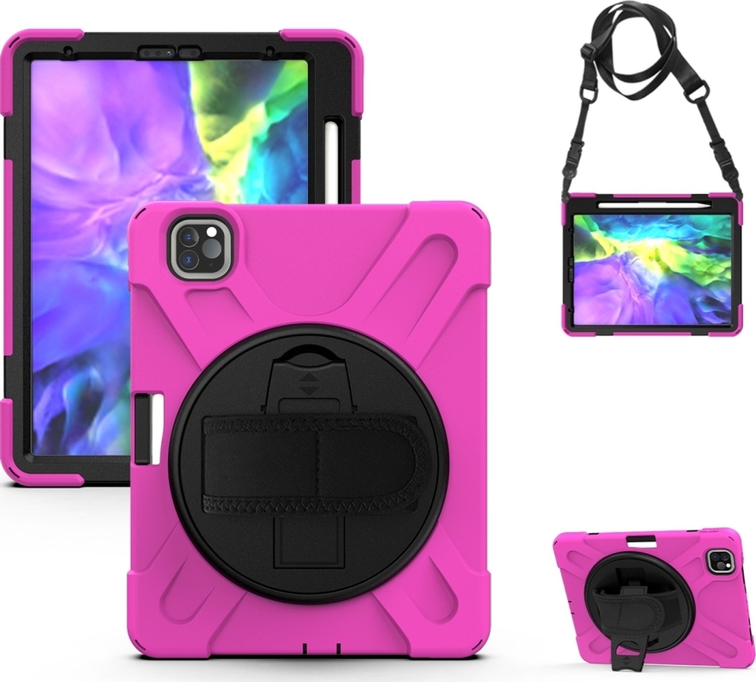 Mobigear SureGrip XGuard Tablethoes geschikt voor Apple iPad Pro 12.9 (2020) Hardcase Backcover + Stylus Houder + Schouderband + Standaard - Roze