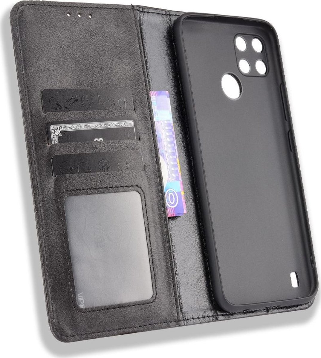 Mobigear Telefoonhoesje geschikt voor Realme C21Y Hoesje | Mobigear Sensation Bookcase Portemonnee | Pasjeshouder voor 3 Pasjes | Telefoonhoesje voor Pinpas / OV Kaart / Rijbewijs - Zwart