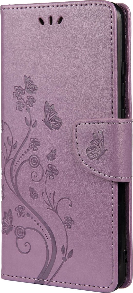 Mobigear Telefoonhoesje geschikt voor Xiaomi Redmi Note 10 5G Hoesje | Mobigear Flowers Bookcase Portemonnee | Pasjeshouder voor 2 Pasjes | Telefoonhoesje voor Pinpas / OV Kaart / Rijbewijs - Paars