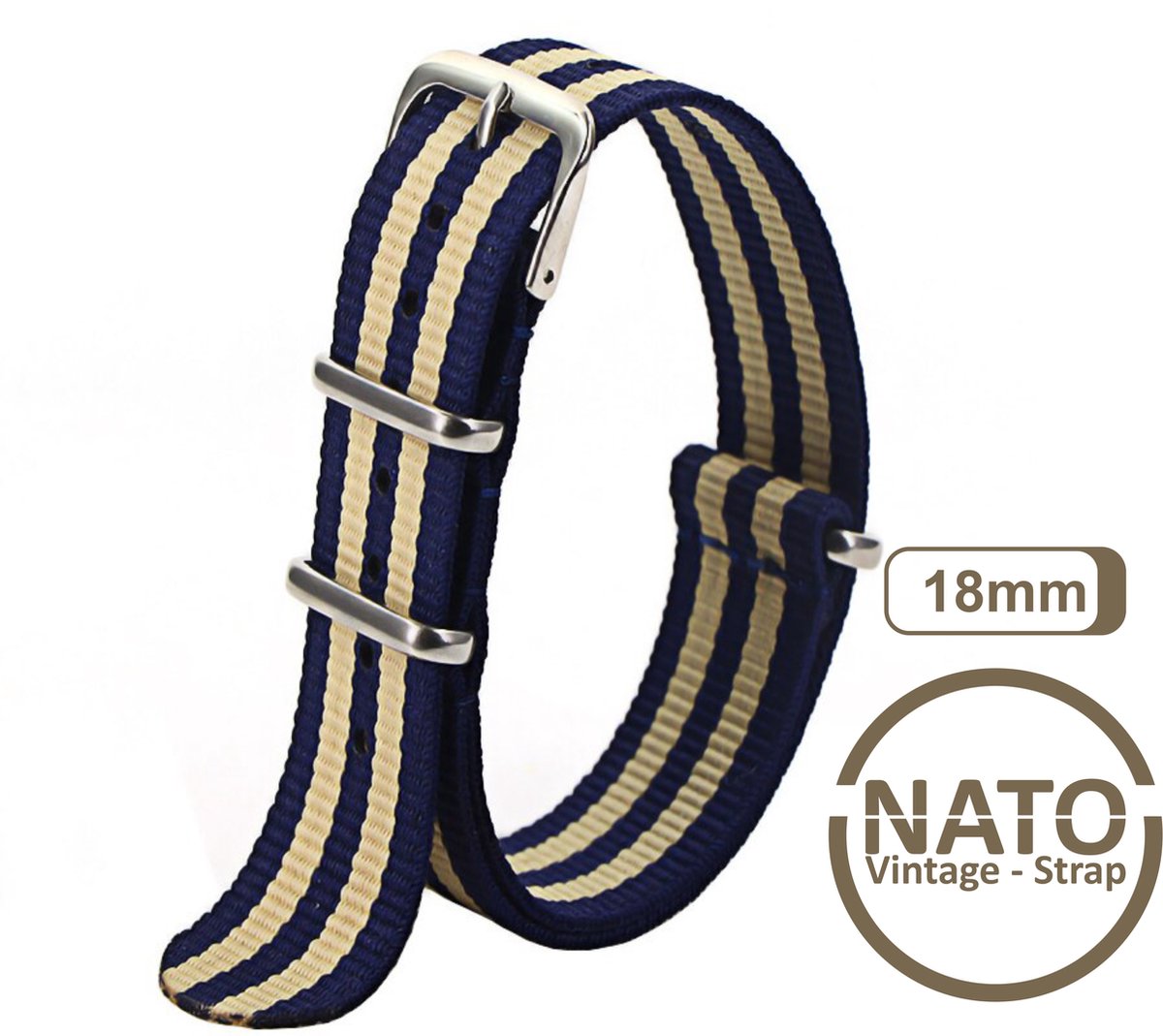 18mm Nato Strap Blauw Khaki - Goud streep - Vintage James Bond - Nato Strap collectie - Mannen - Horlogebanden - gestreept 18 mm bandbreedte voor oa. Seiko Rolex Omega Casio en Citizen