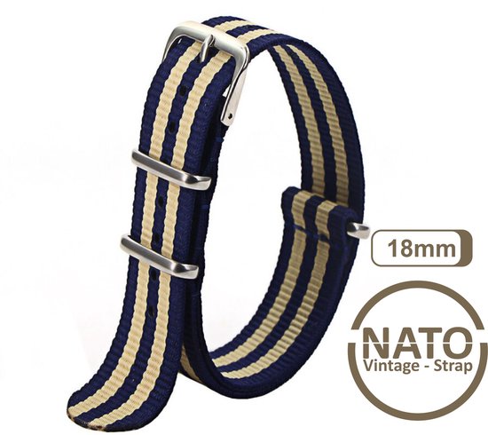 Bracelet Nato 18 mm Blauw Kaki / Rayure Or - Vintage James Bond - Collection Nato Strap - Homme - Bracelets de montre - Rayé Largeur de bande 18 mm pour par ex. Seiko Rolex Omega Casio et Citizen