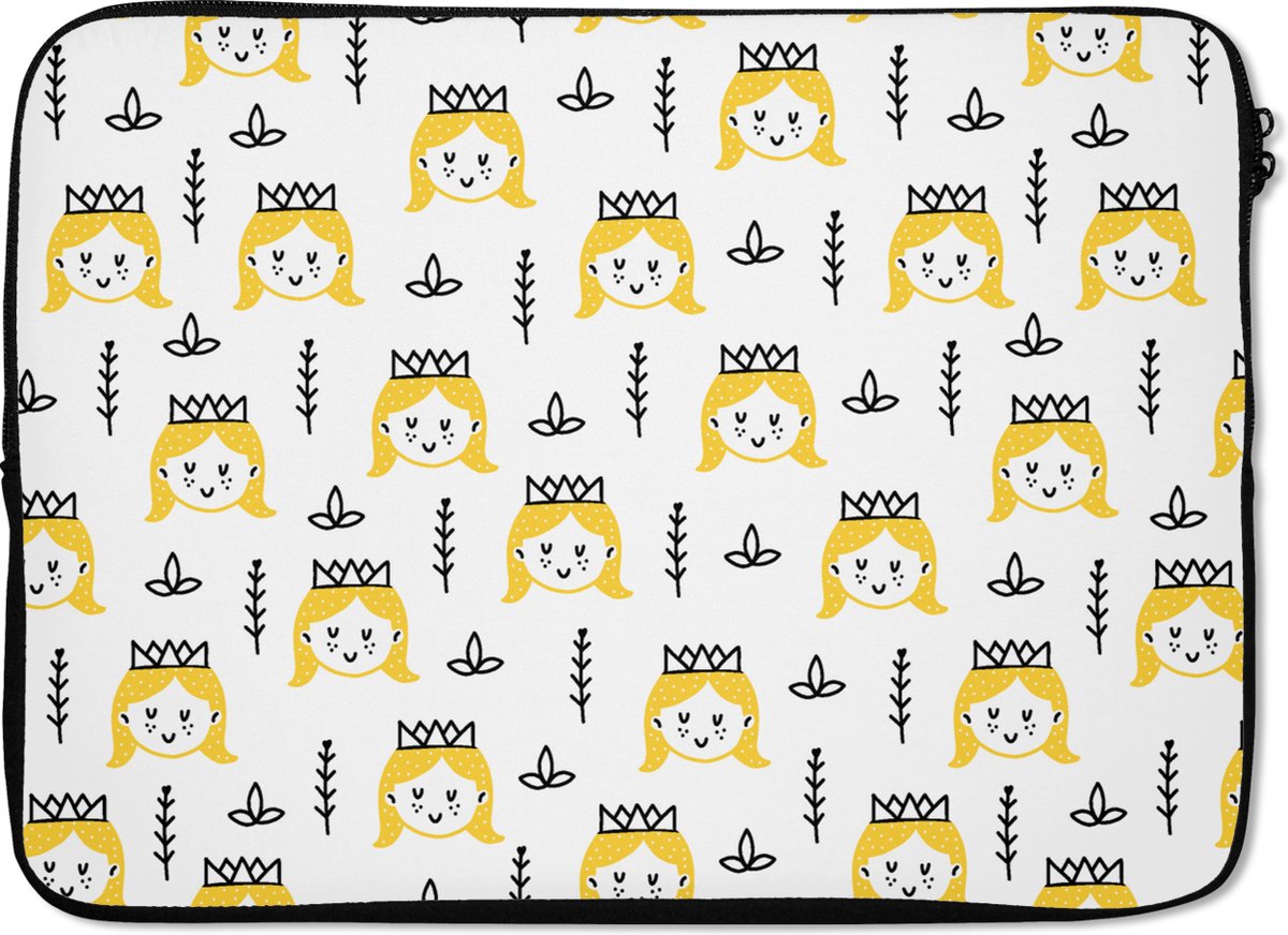 Laptophoes 13 inch - Meisjes - Prinses - Kroon - Patronen - Girl - Kids - Kinderen - Laptop sleeve - Binnenmaat 32x22,5 cm - Zwarte achterkant