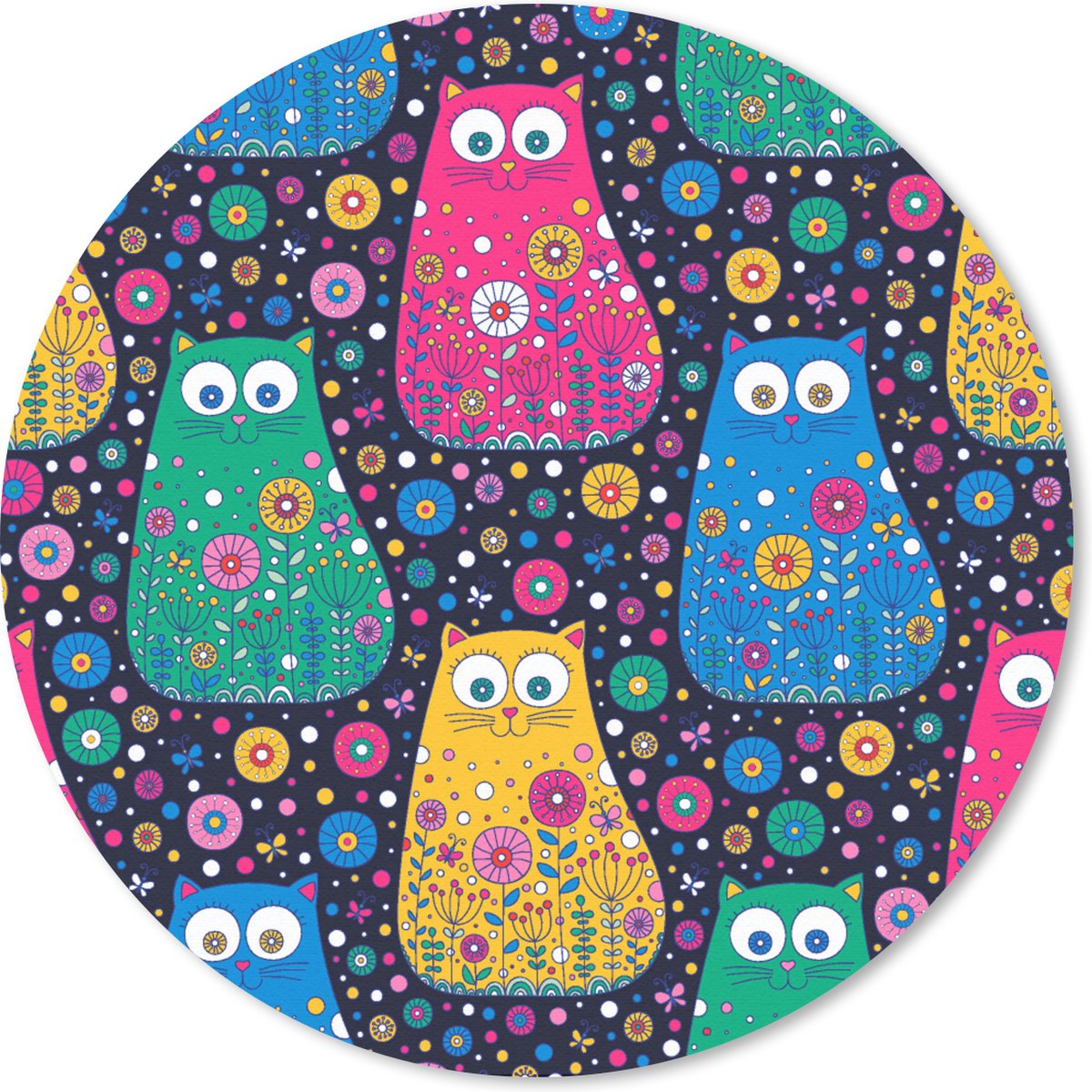 Muismat rond 50x50 cm - Mousepad Kat - Regenboog - Bloemen - Ronde muismatten