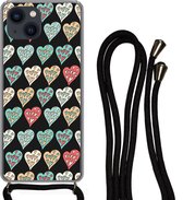 Hoesje met koord Geschikt voor iPhone 13 - Meisjes - Hart - Hartjes - Patronen - Girl - Kids - Kinderen - Meiden - Siliconen - Crossbody - Backcover met Koord - Telefoonhoesje met koord - Hoesje met touw