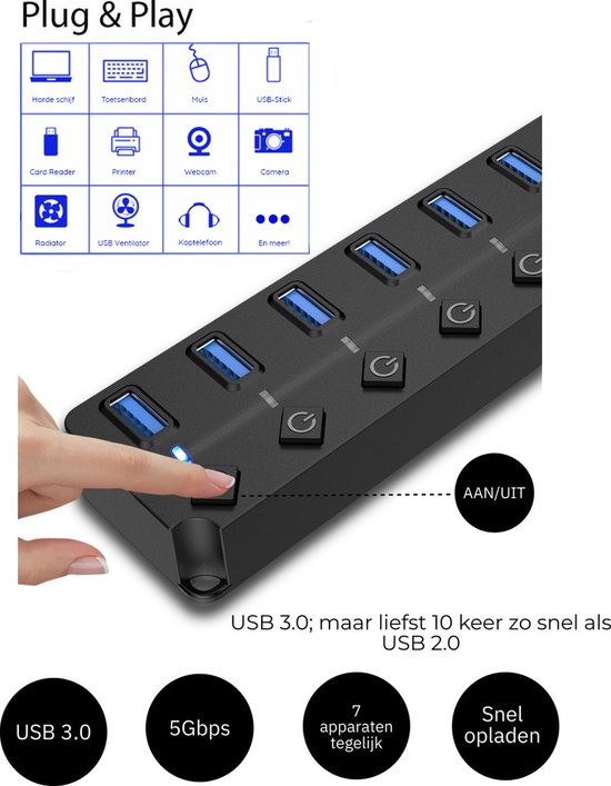 Innova Essentials USB 3.0 Hub - Splitter - 7 Poorten - 5Gbps - Blauw LED Licht - Zwart - Aan Uit Schakelaar