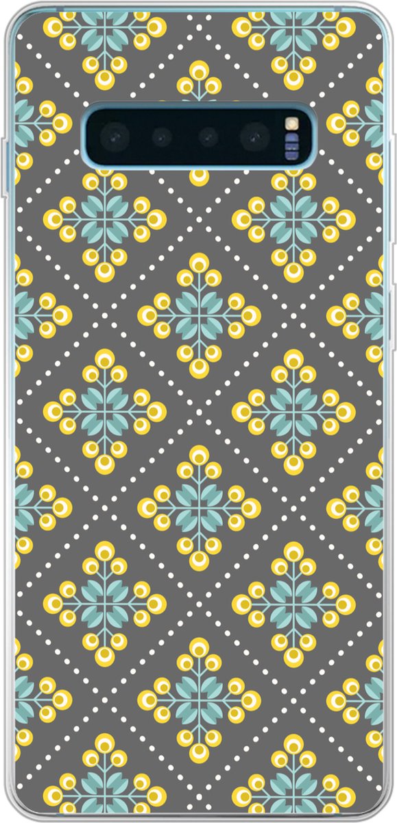 Telefoonhoesje Geschikt voor Samsung Galaxy S10 Plus hoesje - Design - Ruit - Bloemen - Grijs - Siliconen Telefoonhoesje Telefoonhoesje