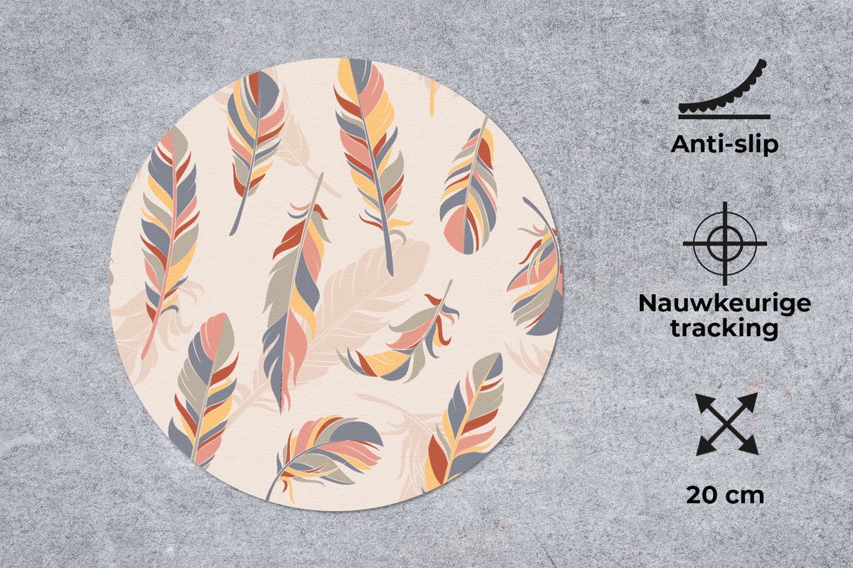 Muismat rond 20x20 cm - Mousepad Veer - Pluimen - Patronen - Pastel - Ronde muismatten