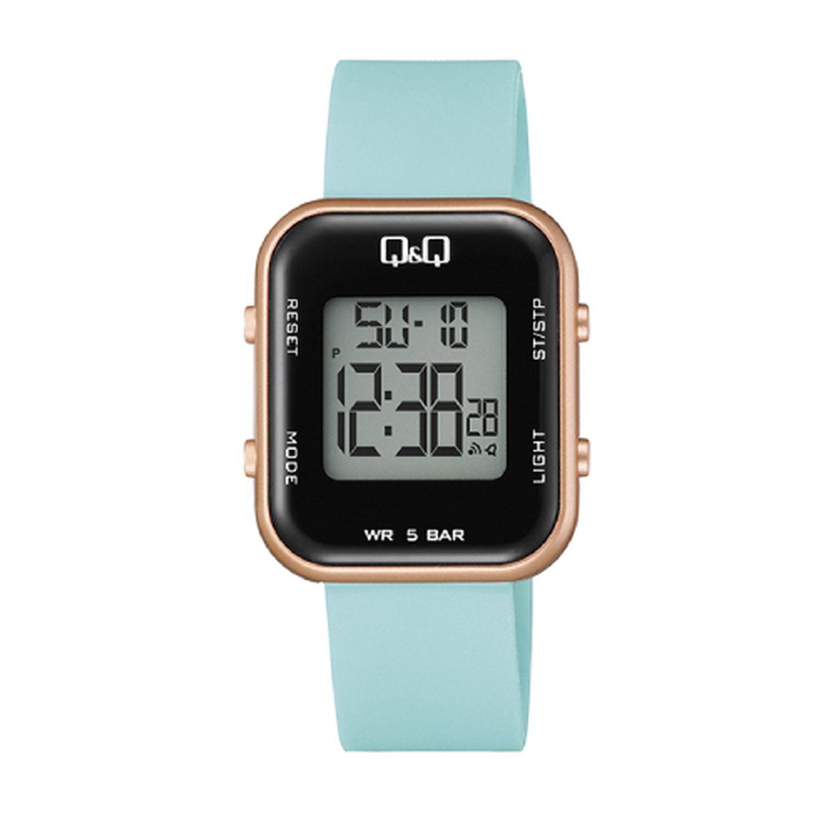 QQ model m207j008y-dameshorloge-digitaal-turquoise-rosekleur-2 tijden-alarm-stopwatch-backlight-50 meter waterdicht