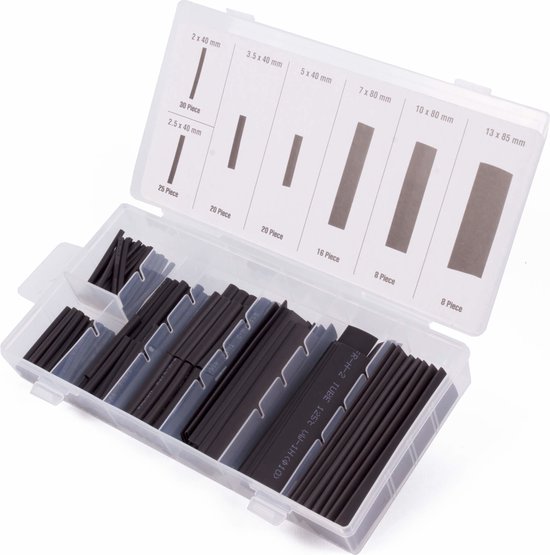 Open koffer met Benson Tools krimpkousen. Verschillende maten en aantallen. Zwart.