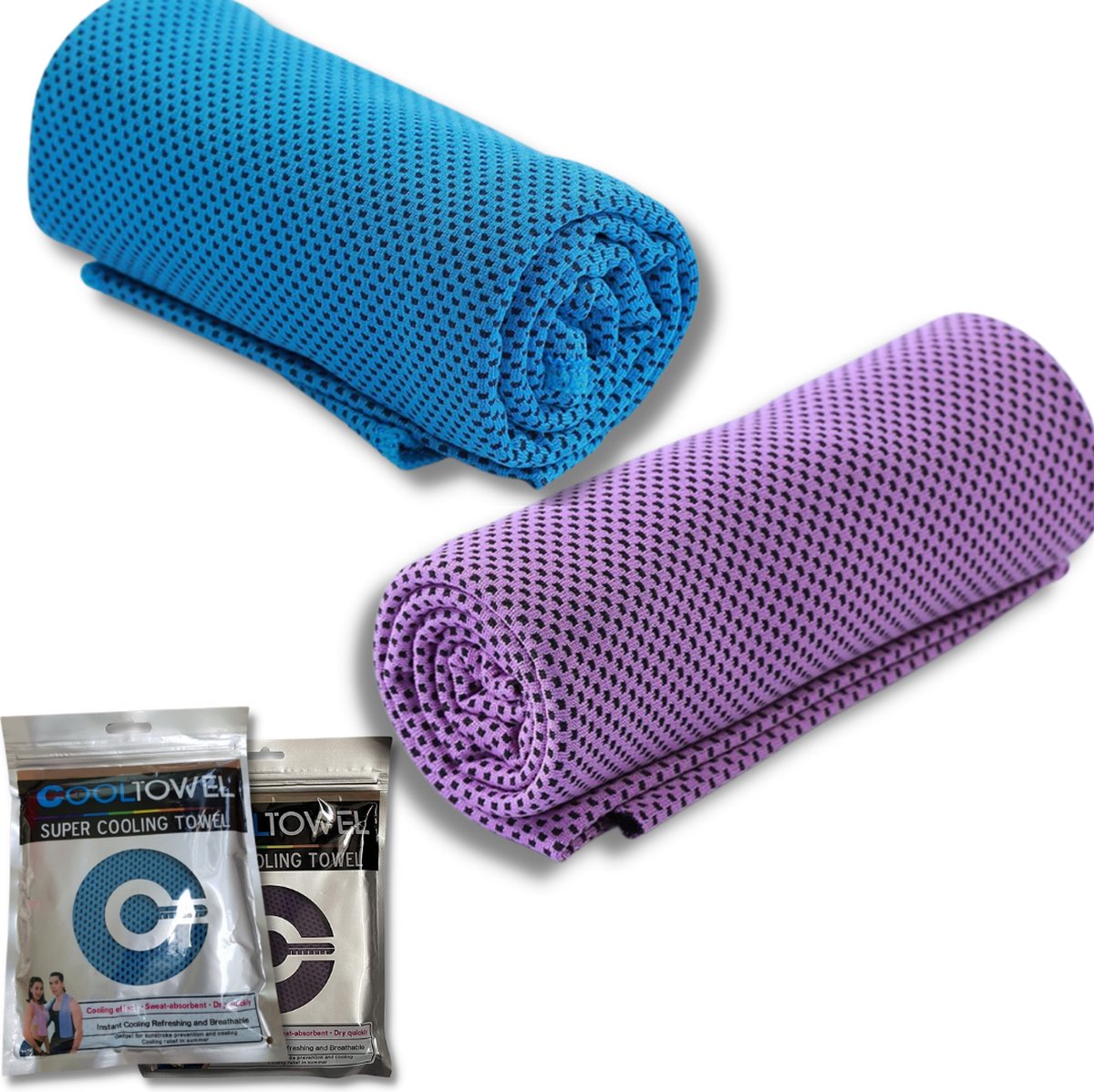 Set van 2 Verkoelings handdoeken | Cooltowel voor fitness en sport | paars en blauwe Sporthanddoeken