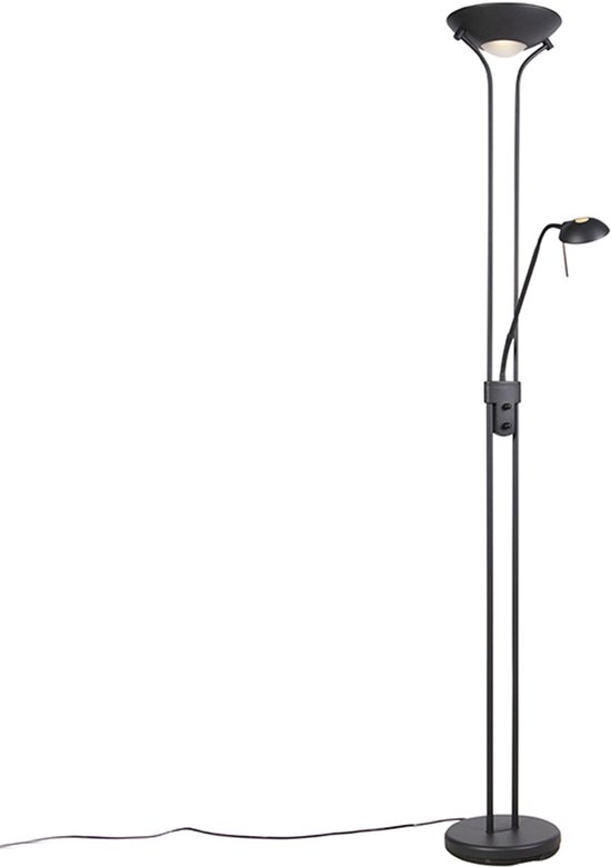 QAZQA diva - Moderne Dimbare LED Staande Uplighter | Vloerlamp | Staande Lamp met Dimmer met leeslamp - 2 lichts - H 1800 mm - Zwart - Woonkamer | Slaapkamer | Keuken