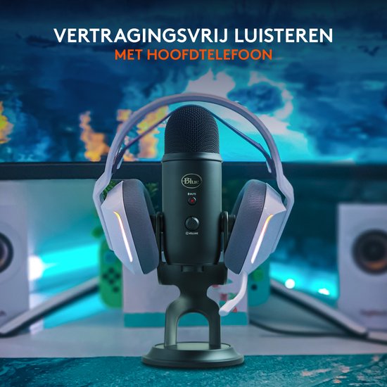 Microphone Blue Yeti noir avec casque et texte "ÉCOUTE SANS LATENCE AVEC CASQUE"