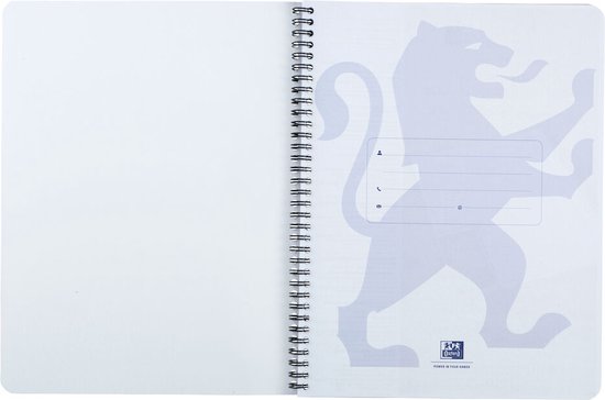 Open geslagen notitieboek met spiraalbinding. Linkerpagina is blanco, rechterpagina toont een gestileerde leeuw in pastelblauw met veld voor contactgegevens.