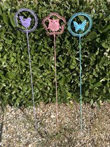 Metalen deco tuinstekers dieren - Set van 3 stuks - pastel paars/roze/blauw - hoogte 90 x dia 13 x 13 cm - Tuinaccessoires - Tuindecoratie - Tuinstekers
