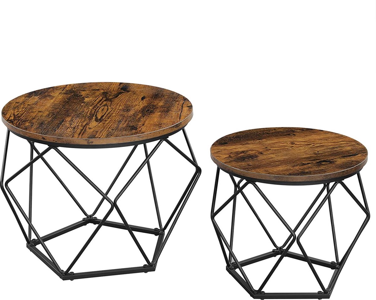 Vasagel -Ronde salontafels, set van 2 bijzettafels, moderne stijl, afneembaar tafelblad, stalen frame, voor woonkamer, bruin
