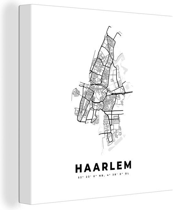 Canvas Schilderij Nederland – Haarlem – Stadskaart – Kaart – Zwart Wit – Plattegrond - 50x50 cm - Wanddecoratie
