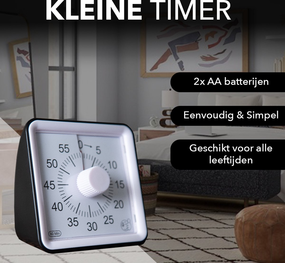 Leerklok zwart 7,5x7,5 cm - time timer voor kinderen - huiswerk hulp - educatieve klok