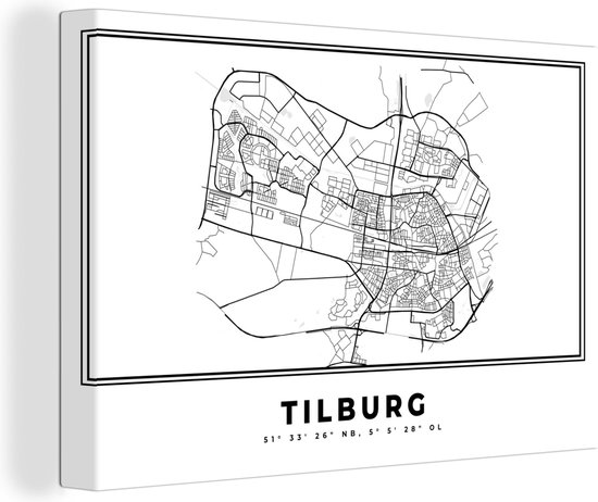 Canvas Schilderij Kaart – Plattegrond – Stadskaart – Tilburg – Nederland – Zwart Wit - 120x80 cm - Wanddecoratie