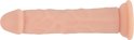 Beige dildo met gerimpelde schacht, platte basis en ronde opening aan het uiteinde.