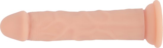 Beige dildo met gerimpelde schacht, platte basis en ronde opening aan het uiteinde.