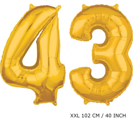 Mega grote XXL gouden folie ballon cijfer 43 jaar.  leeftijd verjaardag 43 jaar. 102 cm 40 inch. Met rietje om ballonnen mee op te blazen.