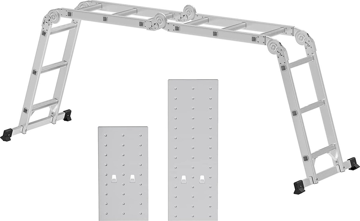 The Mash - multifunctionele aluminium ladder van 3,5 m, met 2 metalen platen, vouwladder, belasting 150 kg, zilver